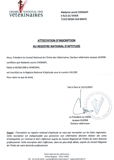 Inscription de Laurie au Registre National d'Aptitude des ostéopathes animaliers