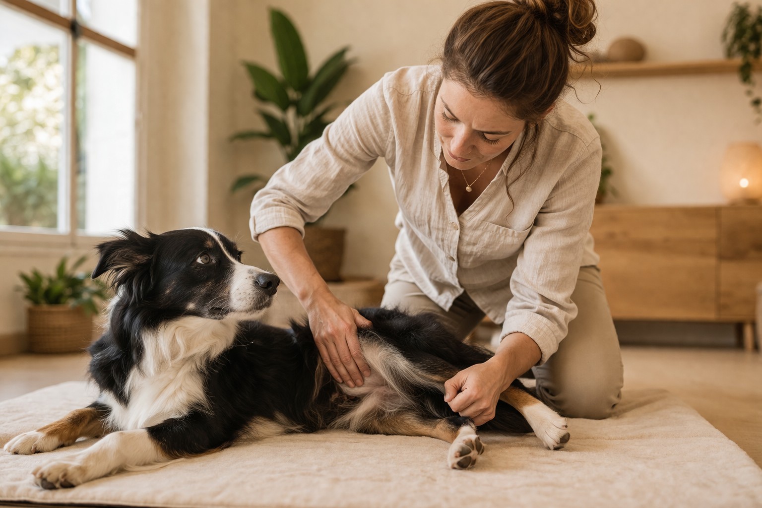 Ostéopathe animalier certifié examinant la patte arrière d'un border collie